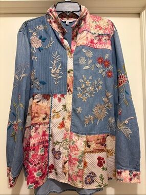 John Mark Patchwork Embroidered Denim Button-Down Shirt - Blue & Pink
